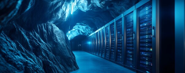 Poster - A futuristic data center located within a cave, illuminated by blue lights. Server racks line the walls, showcasing advanced technology in a unique natural setting.