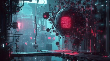 Poster - A futuristic digital landscape filled with neon lights, intricate circuits, and floating spheres