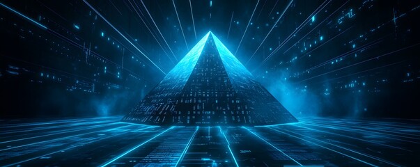 Poster - A futuristic digital pyramid surrounded by glowing data streams. This image evokes themes of innovation, technology, and the synergy of the physical and digital worlds.