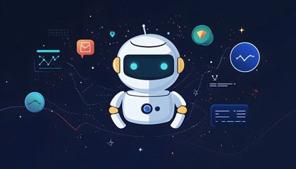 Poster - A futuristic robot icon representing artificial intelligence and automation, surrounded by data visuals and tech symbols. Perfect for projects related to technology and innovation.