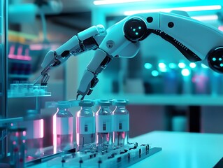 Poster - A futuristic robotic arm carefully handling vials in a high-tech laboratory. The scene is illuminated with vibrant blue and pink lights, showcasing advanced technology in action.