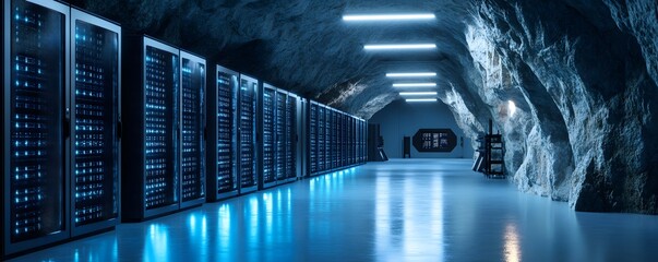 Poster - A high-tech server room inside a cavern, featuring advanced servers with blue LED lighting
