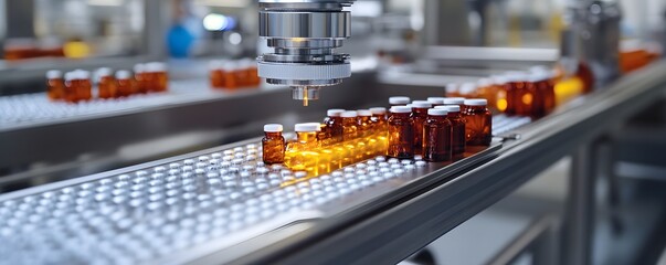 Poster - A high-tech pharmaceutical production line showcasing amber bottles being filled with medication