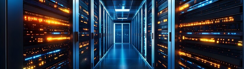 Poster - A modern data center featuring rows of server racks illuminated with LED lights, showcasing advanced technology and infrastructure for data storage and management.