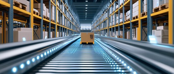 Poster - A modern warehouse interior with a conveyor belt transporting a brown cardboard box, highlighting logistics and supply chain operations in a high-tech environment.