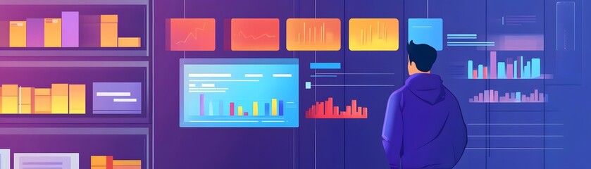 Poster - A person analyzing data and graphs on digital screens in a modern workspace filled with vibrant colors.