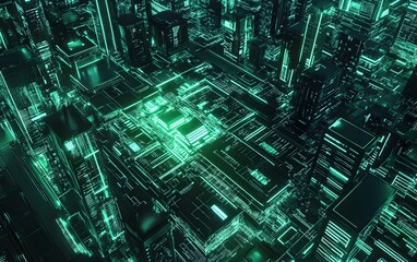 Poster - A stunning aerial view of a futuristic city illuminated with vibrant green lights, showcasing advanced architecture and digital networks in a high-tech urban environment.