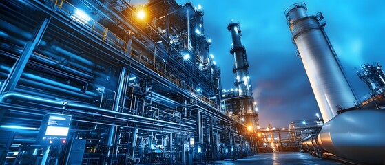 Poster - A stunning view of a large-scale industrial facility under bright blue lights. The intricate network of pipes and equipment showcases modern technology in the heart of industry.