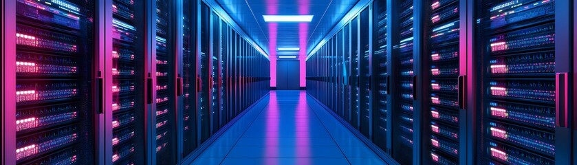 Poster - A vibrant data center corridor illuminated by colorful LED lights. The rows of server racks create a futuristic atmosphere, symbolizing innovation in technology and computing.