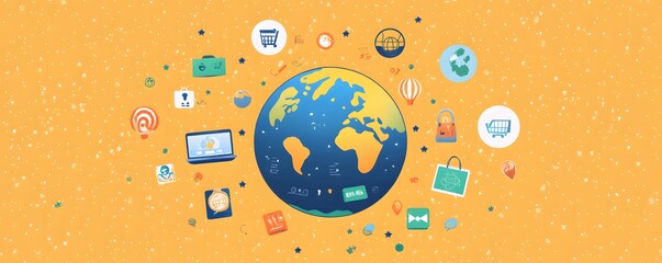Poster - A vibrant illustration of the globe surrounded by digital icons representing connectivity, commerce, and social media, highlighting the integration of technology in our lives.