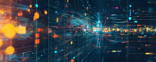 Poster - Abstract digital technology background with glowing grids and light patterns, conveying innovation and connectivity.