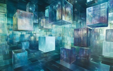 Poster - Abstract floating cubes in vibrant colors create a stunning digital visual, perfect for modern design projects.