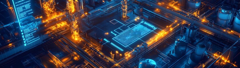 Poster - Aerial view of an industrial facility with glowing elements and intricate machinery