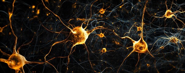 Poster - An intricate view of neural networks showcasing vibrant golden neurons against a dark background, representing the complexity of brain activity and the beauty of human cognition.
