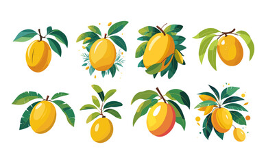 Poster - Icons sets collection of colorful illustrations of mangoes with various leaf arrangements and artistic styles, highlighting the fruit's vibrant colors and natural beauty