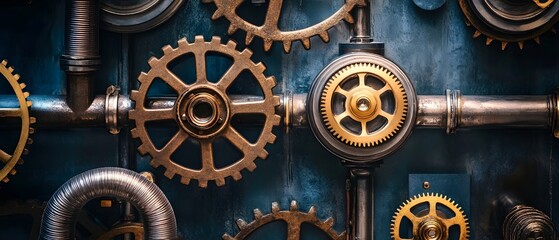 Close-up of interconnected gears and pipes showcasing intricate mechanical engineering. This detailed image highlights the beauty and complexity of industrial design and machinery.