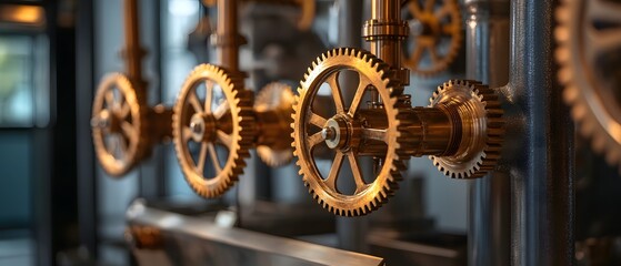 Poster - Close-up of intricate brass gears and industrial machinery, highlighting the elegance of mechanical design and engineering. Ideal for showcasing innovation and craftsmanship.