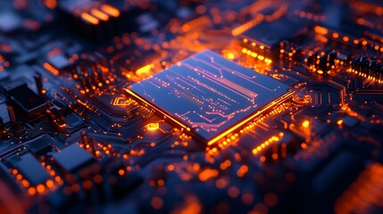 Poster - Close-up view of a glowing computer circuit board. Vibrant orange lights illuminate the intricate details of microchips and connections, showcasing the beauty of modern technology.
