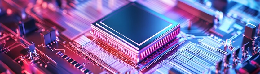 Poster - Close-up view of a computer chip on a circuit board, illuminated with vivid colors. This image captures the essence of modern technology and innovation in electronics.