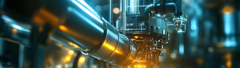 Poster - Close-up view of shiny industrial machinery highlighting intricate details and advanced technology, showcasing the power and precision of modern manufacturing processes.