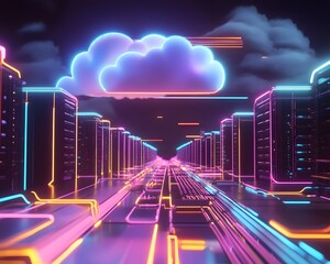 Poster - Futuristic cityscape with neon lights and cloud, showcasing advanced technology and innovation.