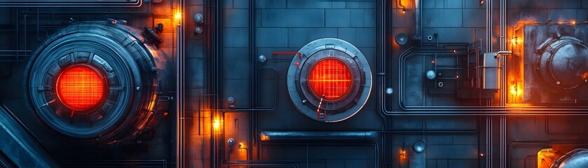 Poster - futuristic control panel featuring glowing orange and red lights with a dark metallic background.