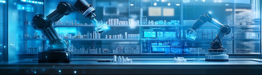 Poster - Futuristic robotic arms work in a modern laboratory setting, showcasing advanced automation and technology