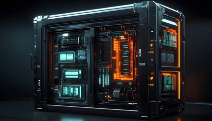 Poster - Modern computer hardware showcasing advanced technology with bright LED lights. Ideal for themes of innovation, computing, and futuristic design in digital media or marketing.