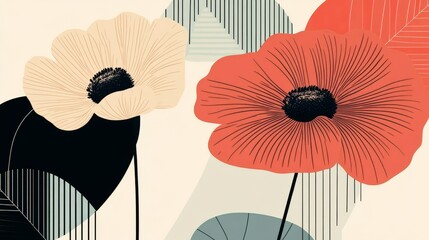 Wall Mural - minimalist flower illustrations, vibrant pastel colors, bold geometric shapes, clean black contours, modern daisy designs, simple petal arrangements, graphic vector style, pure white background,