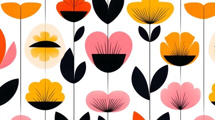 Wall Mural - minimalist flower illustrations, vibrant pastel colors, bold geometric shapes, clean black contours, modern daisy designs, simple petal arrangements, graphic vector style, pure white background,