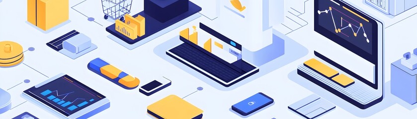 Fototapete - Modern digital workspace filled with devices, graphs, and financial tools for business innovation and productivity.