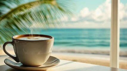Wall Mural - Enjoying a warm coffee while gazing at the serene beach view in a summer cafe, Coffee cup by window in beachside summer cafe with tropical vibes ing