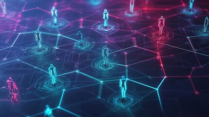 Poster - diagram with interconnected nodes and human figures, emphasizing the growth and development of social networks in the digital era.