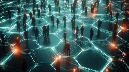 Poster - hexagon network with human figures connected by glowing lines, symbolizing the power of social interaction and community building