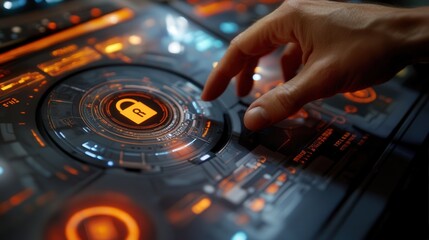 Poster - security dashboard featuring a lock icon, as a hand selects it to activate cybersecurity features