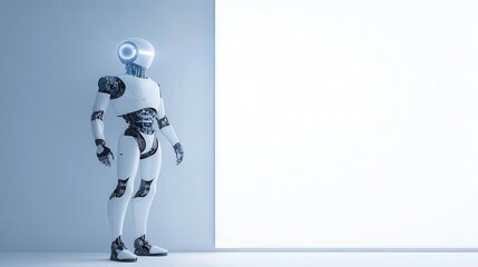 Poster - AI robot with futuristic body design stands next to a blank white LED advertising screen, symbolizing the power of AI in modern advertising