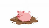 Playful Pink Piglet Rolling in Brown Mud, Pastel Cartoon Illustration