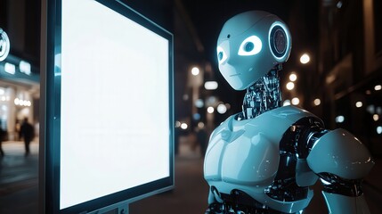 Poster - AI robot with illuminated features stands next to a blank white LED advertising board, merging technology with creative digital advertising