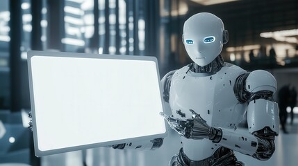 Poster - humanoid robot in a futuristic office setting, holding a blank white LED board, waiting to display dynamic advertisements.