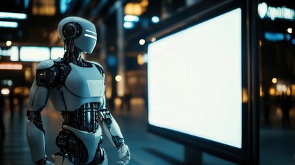 Poster - humanoid robot standing in front of a blank LED advertising screen, symbolizing the shift towards AI-powered digital media and advertising