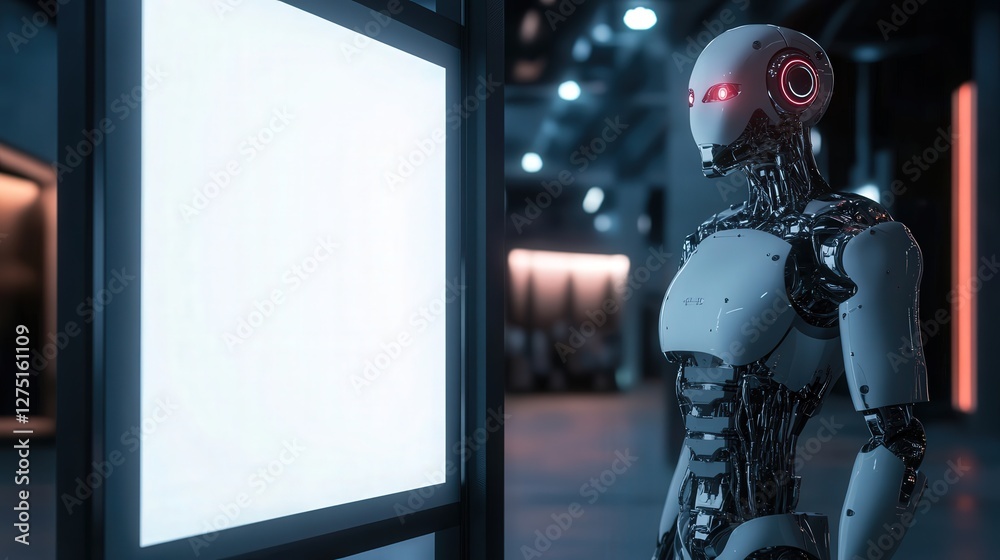 humanoid robot standing next to a blank white LED advertising board ...