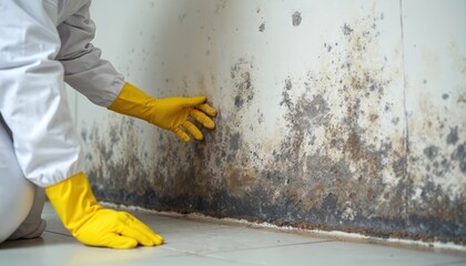 specialist in protective gear inspects black mold growth on wall, assesses damage. dampness, moistur