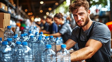 Young man organizing water bottles in a busy warehouse