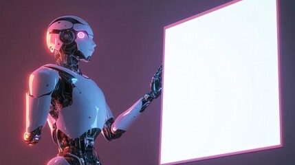 Poster - humanoid robot with illuminated limbs stands beside a blank white LED board, embodying a new era of advertising in the digital and robotic age.