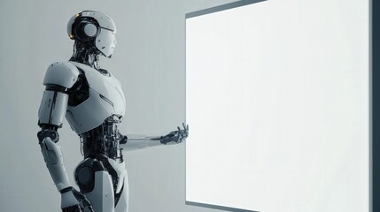 Poster - humanoid robot with mechanical limbs stands beside a blank white LED board, representing cutting-edge digital advertising solutions for the future