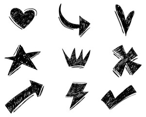 Poster - Hand drawn set of doodle emphasis design elements. Crown, love, arrow, star, checklist. used for infographic concept design