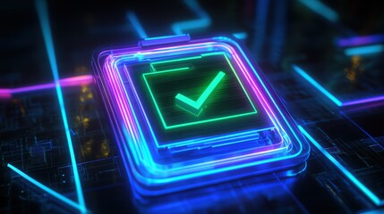 Poster - neon blue and green glowing icon of documents, with a green checkmark, reflecting the success of an audit process on a digital interface.