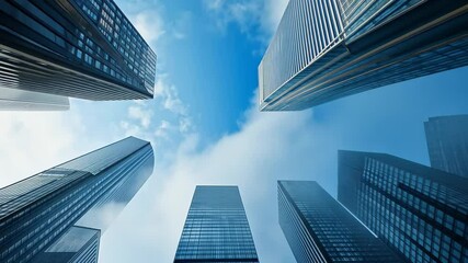Poster - clouds drift over towering skyscrapers in a vibrant blue sky above a bustling city, clouds on blue s