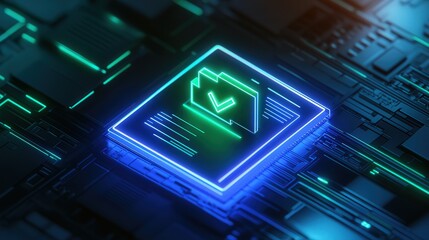 Poster - neon blue and green glowing icon of documents, with a green checkmark, reflecting the success of an audit process on a digital interface.