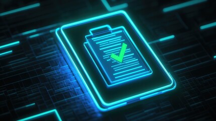 Poster - neon blue and green glowing icon of documents, with a green checkmark, reflecting the success of an audit process on a digital interface.